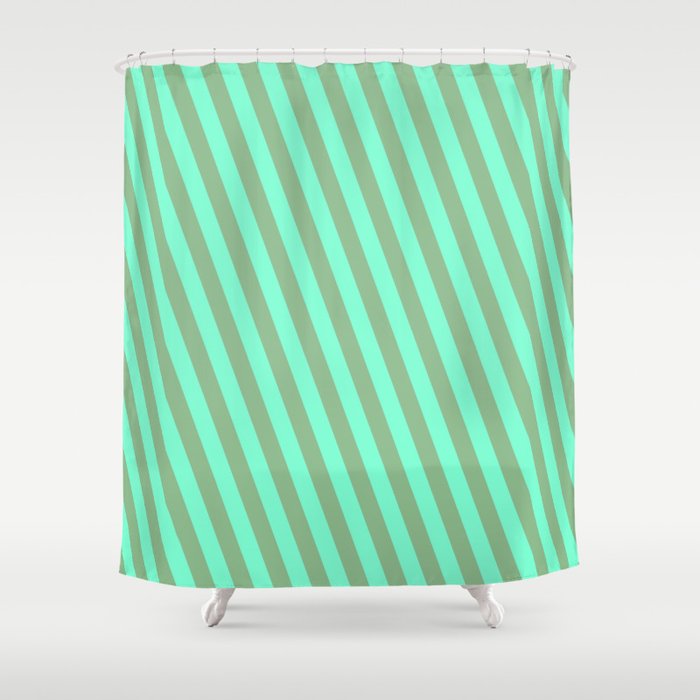Aquamarine & Dark Sea Green Colored Stripes Pattern Shower Curtain