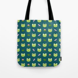 Frogs, Dragonflies and Lilypads on Teal Tote Bag