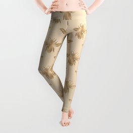  GOLD ROSE AND BLUSH PINK BACKGROUND WITH FLOWER BOUQUETS AND VINTAGE BEE PATTERNS HONEY BEE QUEEN BEE PRINCESS Leggings