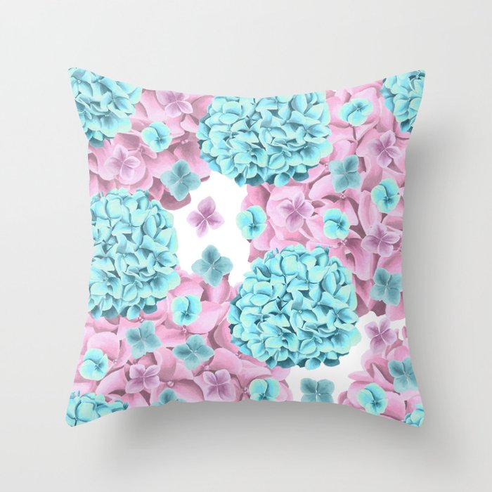 Modern girly pink teal watercolor hortensia pattern Throw Pillow