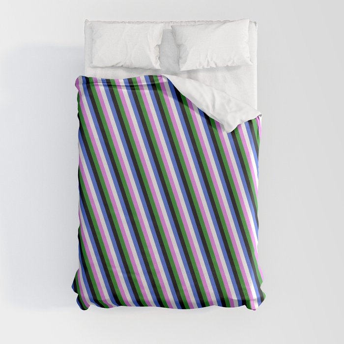 Eye-catching Royal Blue, White, Violet, Forest Green, and Black Colored Pattern of Stripes Duvet Cover