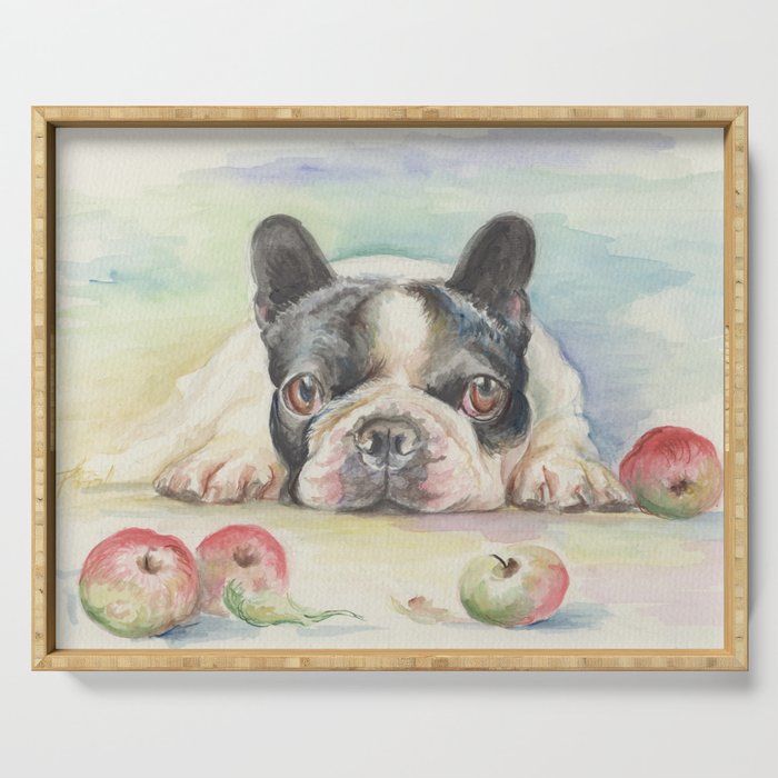 French Bulldog With Apples Watercolor Painting Serving Tray By