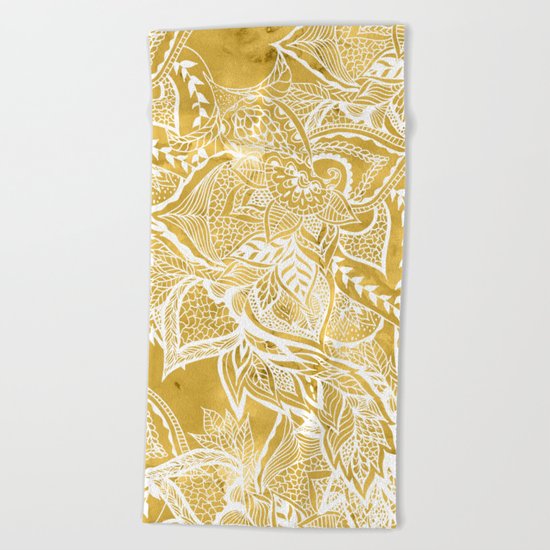 Modern lemon curry watercolor floral hand drawn pattern Beach Towel