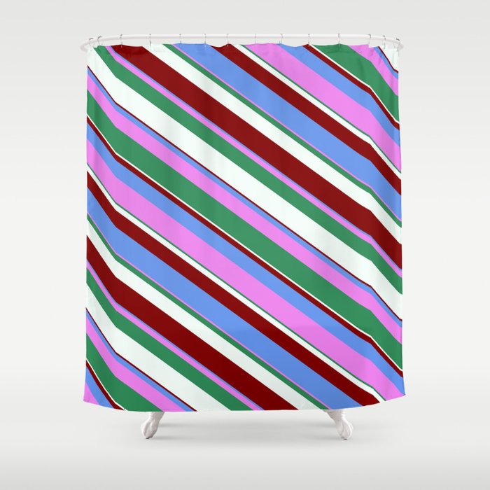 Vibrant Cornflower Blue, Violet, Sea Green, Mint Cream & Maroon Colored Lined Pattern Shower Curtain