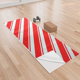 [ Thumbnail: Light Cyan and Red Colored Lined/Striped Pattern Yoga Towel ]