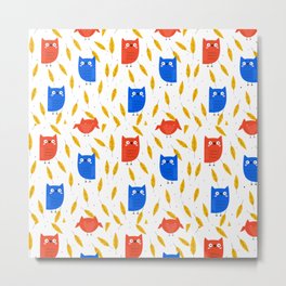 Autumn Orange and Blue Owl and Yellow Leaves on a White Background pattern Metal Print