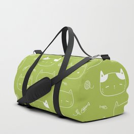 Light Green and White Doodle Kitten Faces Pattern Duffle Bag