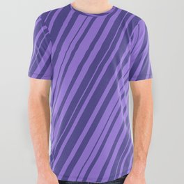 [ Thumbnail: Purple and Dark Slate Blue Colored Striped Pattern All Over Graphic Tee ]