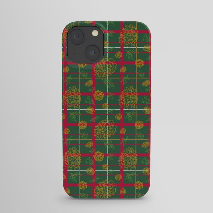 Holiday Pinecones in Gold with Red & Green Plaid- Large iPhone Case