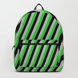 [ Thumbnail: Grey, Lime Green & Black Colored Lines Pattern Backpack ]