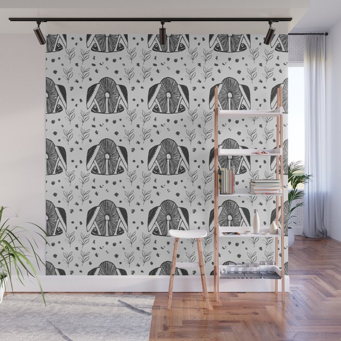 Cottage core Grey Mushroom Polka Dot Pattern-Rustic Pattern Wall Mural