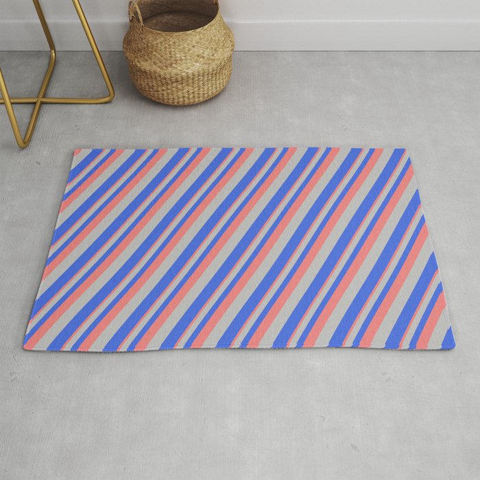 Light Coral, Grey, and Royal Blue Colored Striped/Lined Pattern Rug