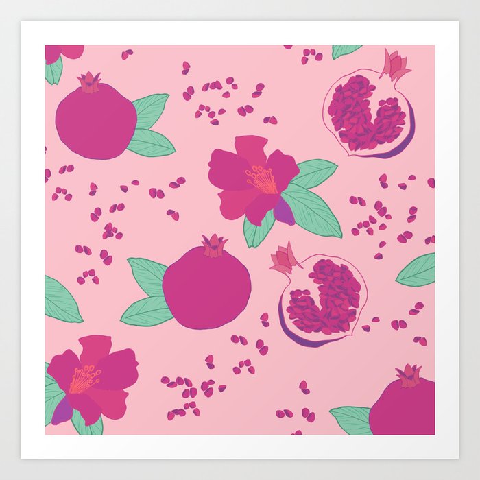 Pomegranate flower and fruit bright pink and green pattern Art Print