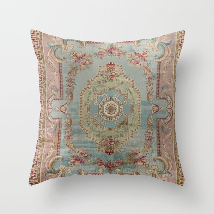 Antique French Rose Blue Aubusson  Throw Pillow