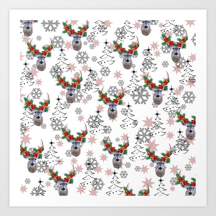 Merry Christmas Reindeer Flower Tree pattern Design Art Print