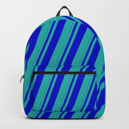 [ Thumbnail: Blue and Light Sea Green Colored Striped Pattern Backpack ]