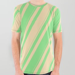 [ Thumbnail: Beige and Light Green Colored Lines Pattern All Over Graphic Tee ]