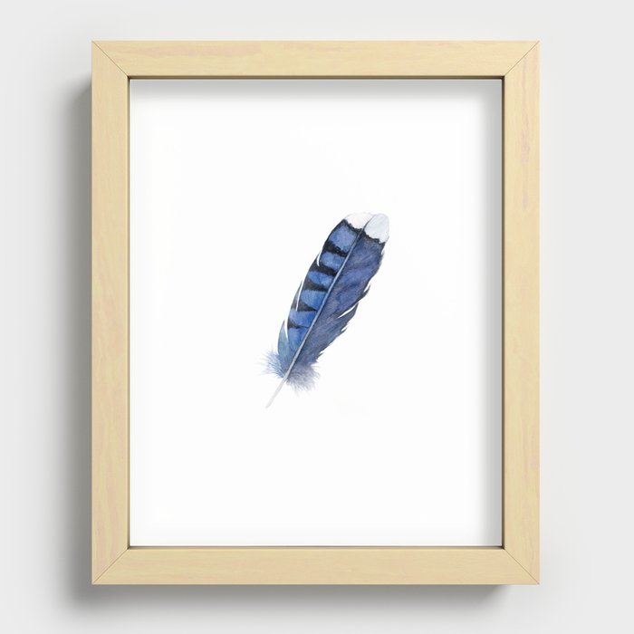 Blue Jay Feather , Blue Feather, Watercolor Feather, Watercolor painting by Suisai Genki Recessed Framed Print