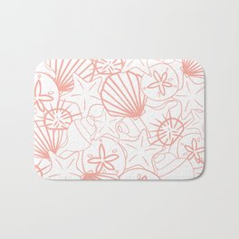 Coral Pink Seashells on white Bath Mat | Coralpink, Pattern, Spiralshell, White, Minimal, Seaurchin, Seashells, Graphicdesign, Beach, Florida 