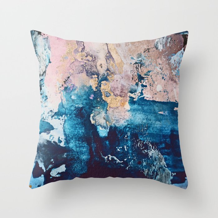 Breathe Again: a vibrant mixed-media piece in blues pinks and gold by Alyssa Hamilton Art Throw Pillow