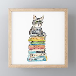 Gig tabby cat reading book library Painting Wall Poster Watercolor Framed Mini Art Print