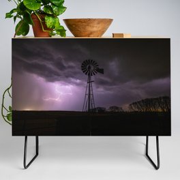 Lightning and Thunder - Storm Clouds Over an Old Windmill on a Stormy Night in Oklahoma Credenza
