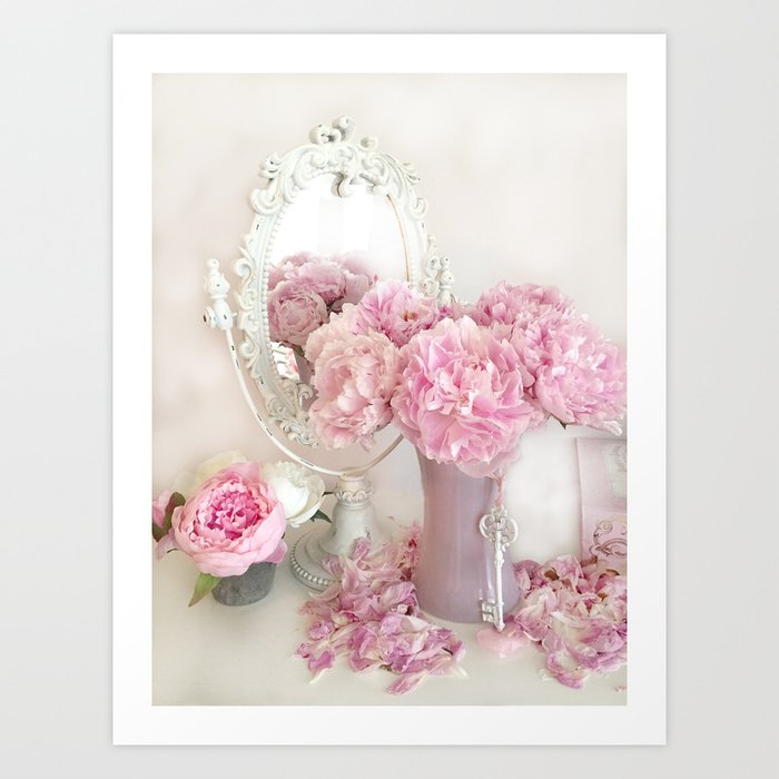 Shabby Chic Pink Peonies White Mirror Romantic Cottage Prints Home Decor Art Print
