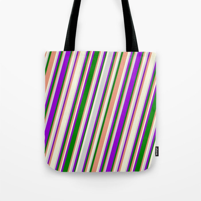 Vibrant Dark Violet, Green, Dark Salmon, Beige, and Light Gray Colored Stripes/Lines Pattern Tote Bag