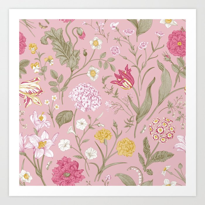 Enchanting Pink Meadow Garden Flowers Art Print