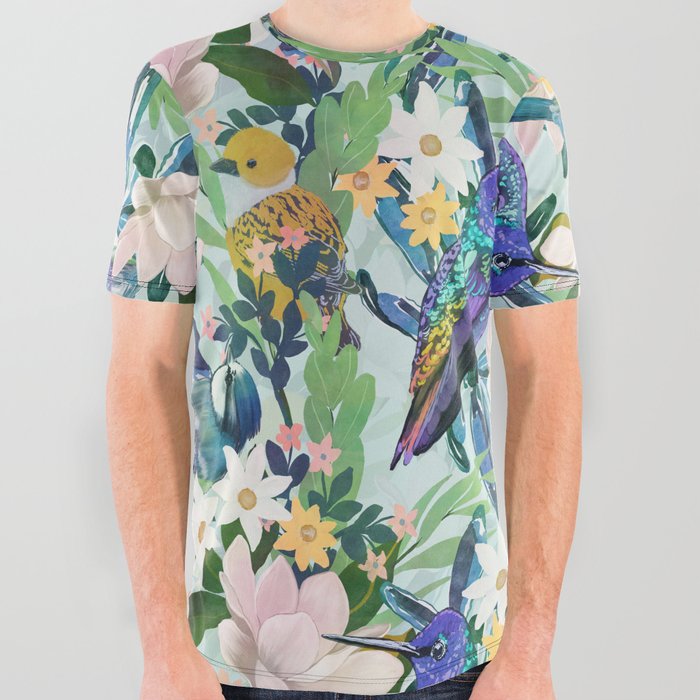 Watercolor Spring Flowers Birds Pattern All Over Graphic Tee