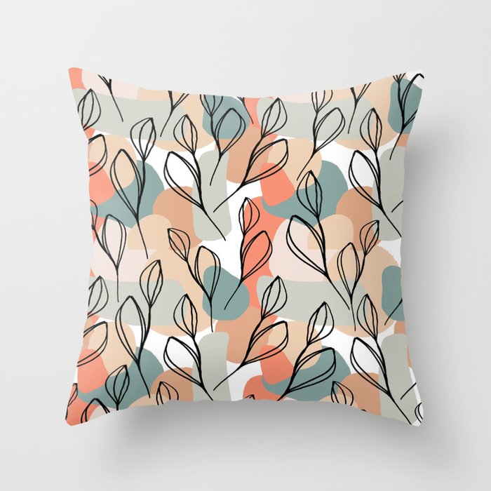 Black leaves and pastel background pattern Throw Pillow