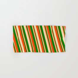 [ Thumbnail: Red, Tan, and Green Colored Striped Pattern Hand & Bath Towel ]