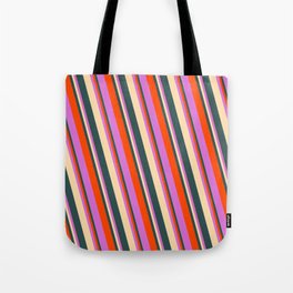 [ Thumbnail: Tan, Dark Slate Gray, Red & Orchid Colored Lined/Striped Pattern Tote Bag ]