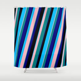 [ Thumbnail: Colorful Deep Sky Blue, Light Pink, Teal, Blue & Black Colored Lined Pattern Shower Curtain ]