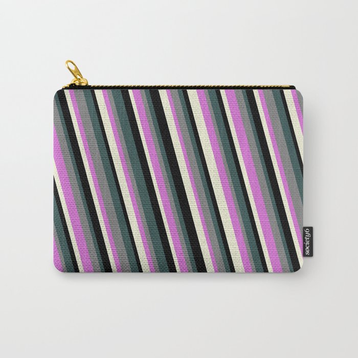Dark Slate Gray, Grey, Orchid, Beige & Black Colored Stripes Pattern Carry-All Pouch