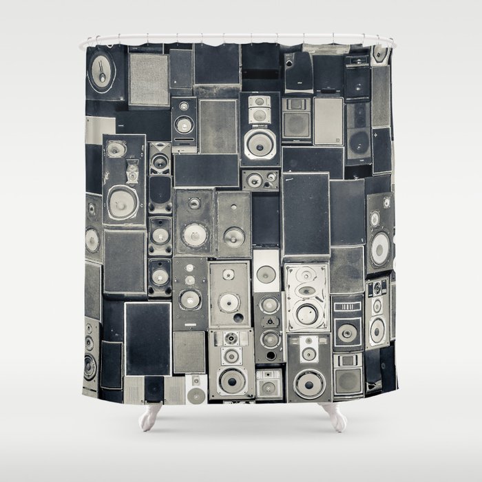 Panoramic details display of speakers hanging on the wall in monochrome vintage style Shower Curtain