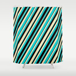[ Thumbnail: Beige, Dark Turquoise & Black Colored Lines/Stripes Pattern Shower Curtain ]