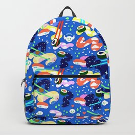 Sushi Happy Fun time (Blue) Backpack | Pop Art, Japanese, Iconic, Happy, Multicolor, Wasabi, Stick, Chop, Noodles, Udon 