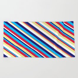 [ Thumbnail: Eyecatching Midnight Blue, Deep Sky Blue, Crimson, Tan, and White Colored Lined Pattern Beach Towel ]