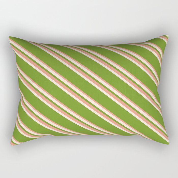 Beige, Green & Dark Salmon Colored Striped/Lined Pattern Rectangular Pillow