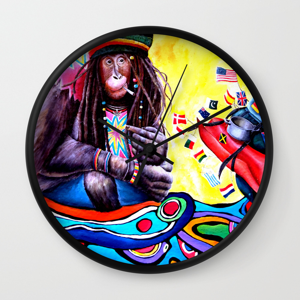 Monkey Smoking Outsider Art Painting Wall Clock By Bellajasper