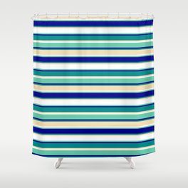[ Thumbnail: Colorful Aquamarine, Dark Blue, Dark Cyan, Tan & White Colored Stripes/Lines Pattern Shower Curtain ]
