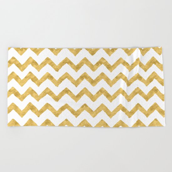 Chevron Gold And White Beach Towel