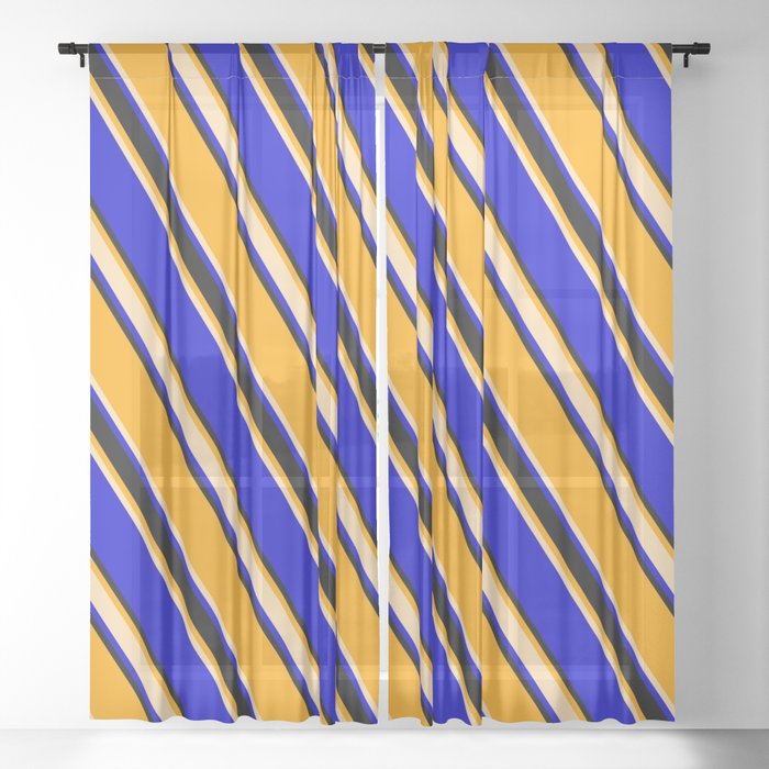 Orange, Tan, Blue, and Black Colored Striped Pattern Sheer Curtain