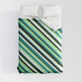 [ Thumbnail: Green, White, Dark Cyan & Black Colored Striped/Lined Pattern Comforter ]