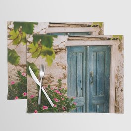 Greek Holiday Scene - Blue Door with Pink Flowers - Still Live Travel Photography, Colorful Fine Art Placemat