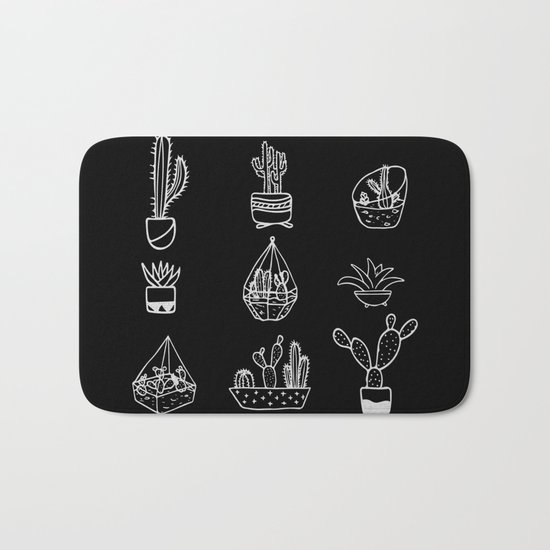 Minimalist Cacti Collection White on Black Bath Mat