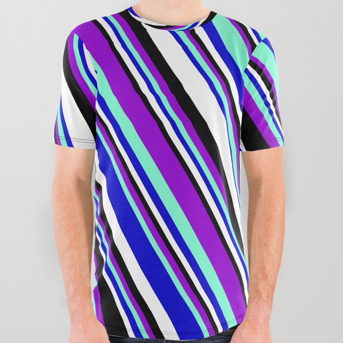 Vibrant Dark Violet, Aquamarine, Blue, White, and Black Colored Striped/Lined Pattern All Over Graphic Tee