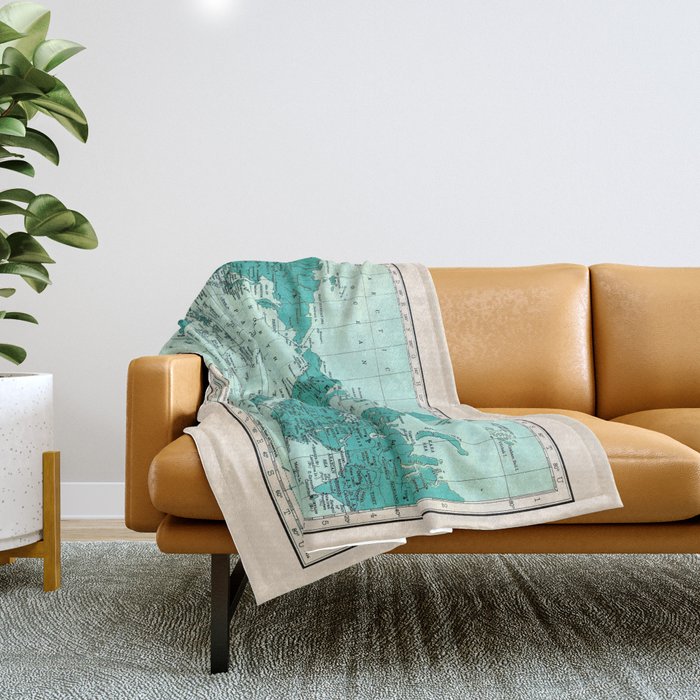 World Map in Teal Throw Blanket