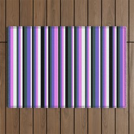 [ Thumbnail: Eyecatching Dark Slate Gray, Slate Blue, Violet, Mint Cream, and Black Colored Pattern of Stripes Outdoor Rug ]